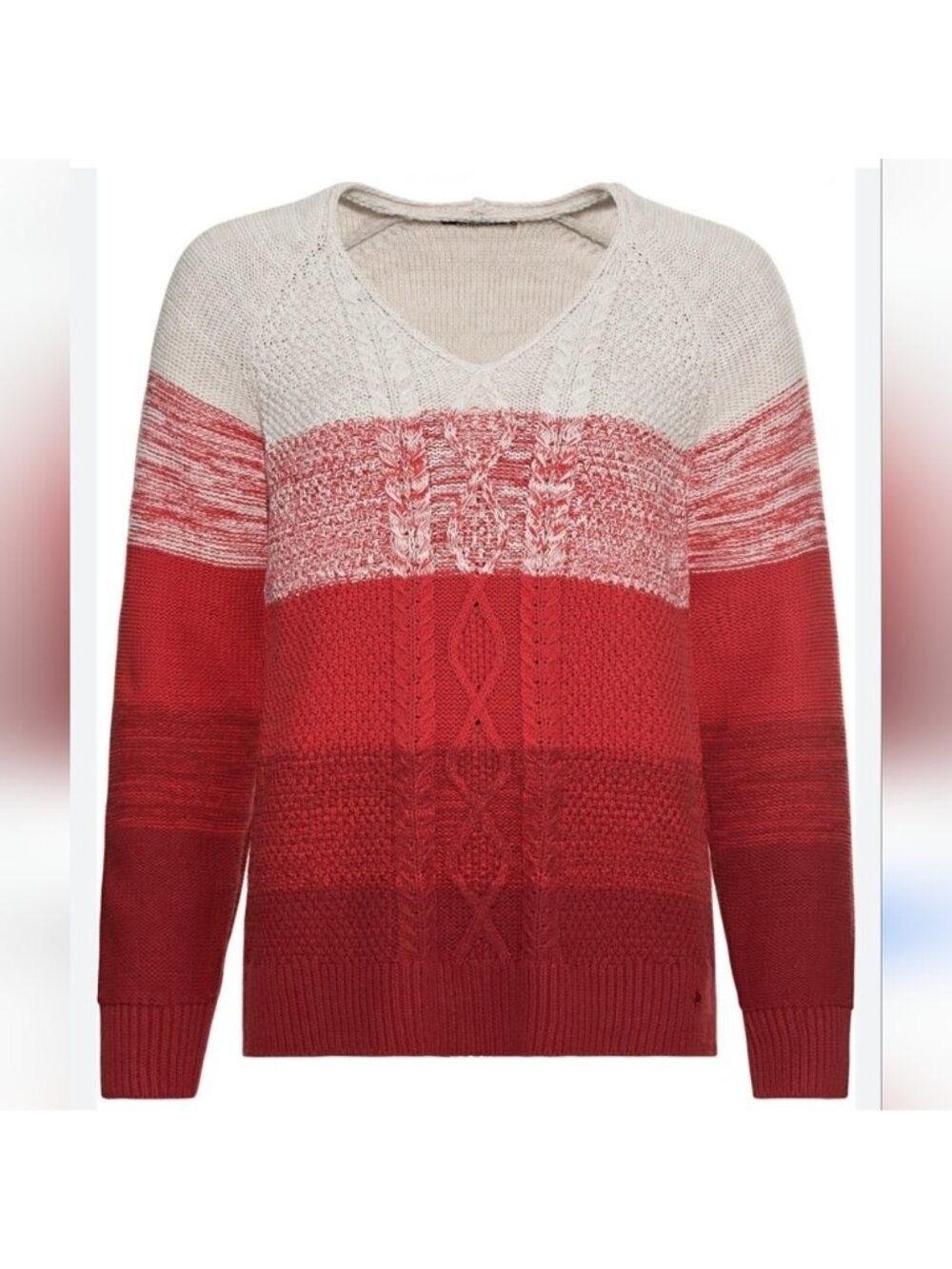 Olsen Europe cotton blend sweater ivory red maple cable knit jumper v neck Sz XL